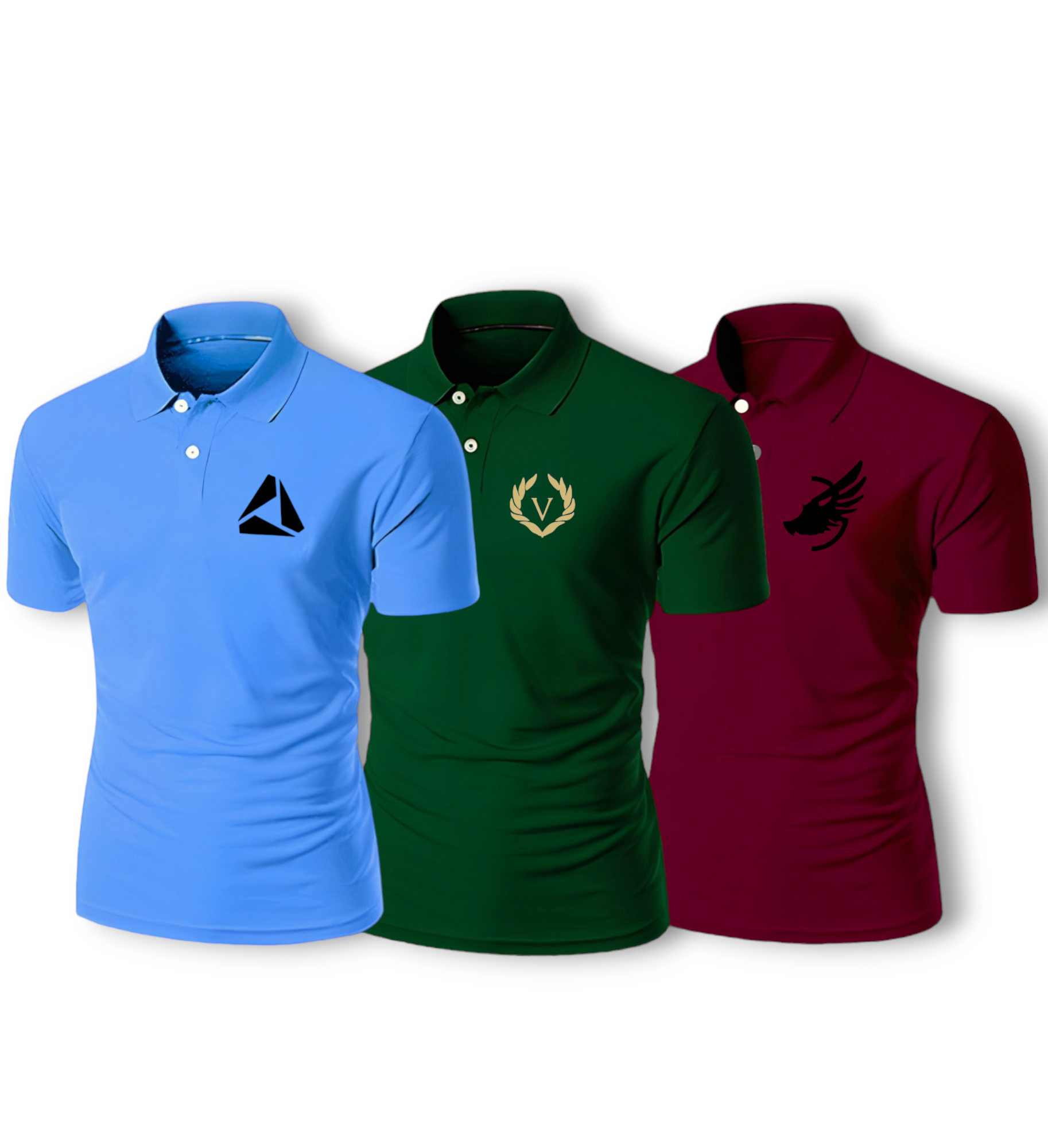  "Bundle of 3 Men's Summer Polo T-shirts by AUA&CO in Dark Green, Maroon, and Sky Blue - Perfect for Stylish Summer Looks!"