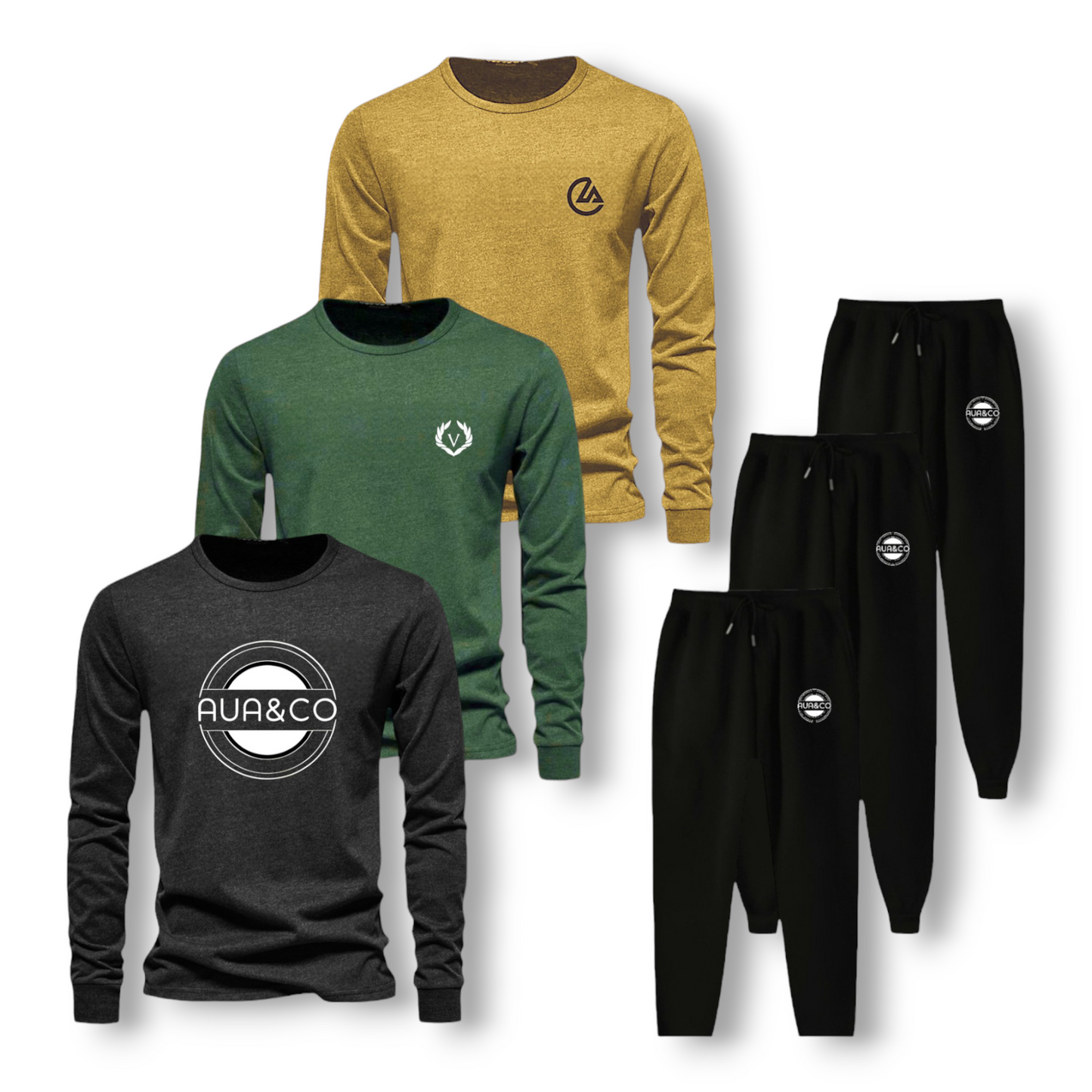 “Snag 50% off on AUA&CO’s chic bundle of 3 full-sleeve T-shirts in dark yellow, dark green, and black, paired with sleek black trousers for men’s summer fashion.”