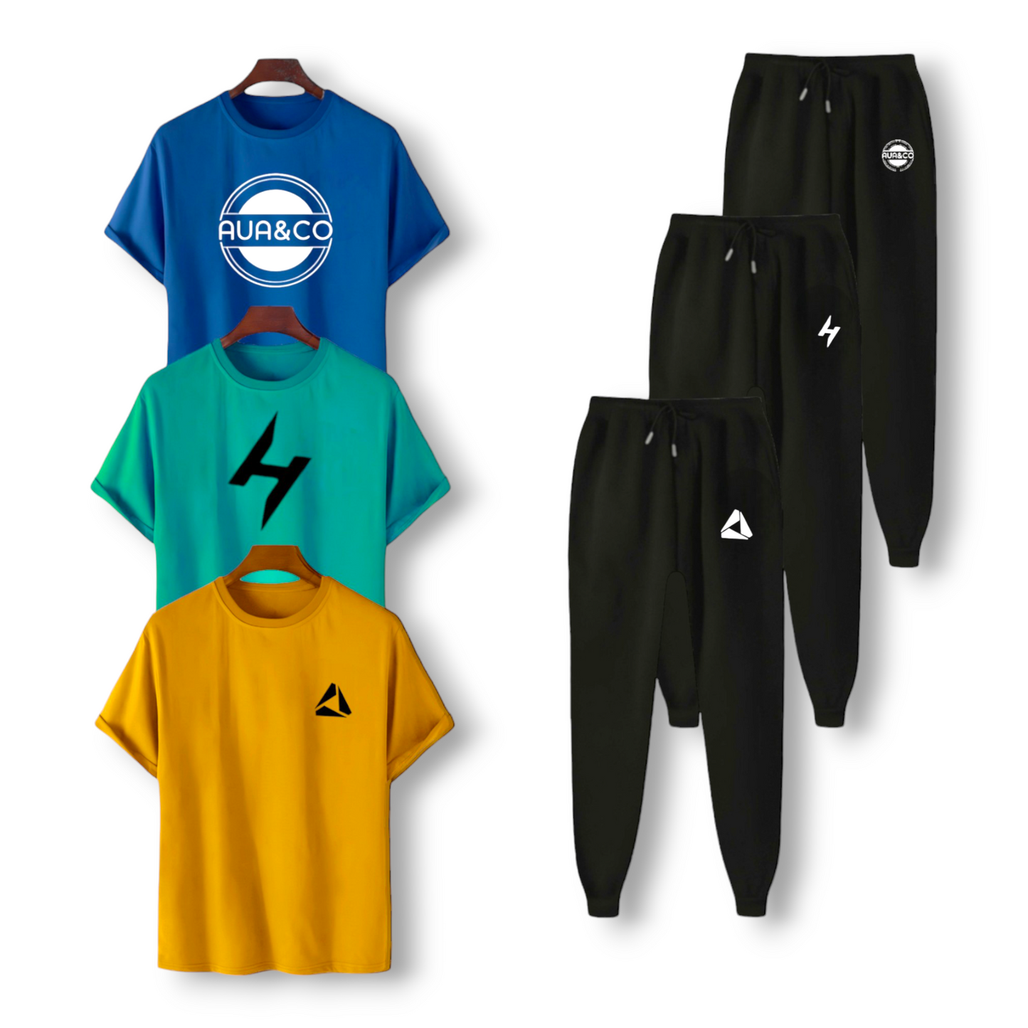 auaandco Bundle of 3 Summer Men's Half Sleeve T-shirts & Trousers 
blue , see green , yellow shirt with black Trousers