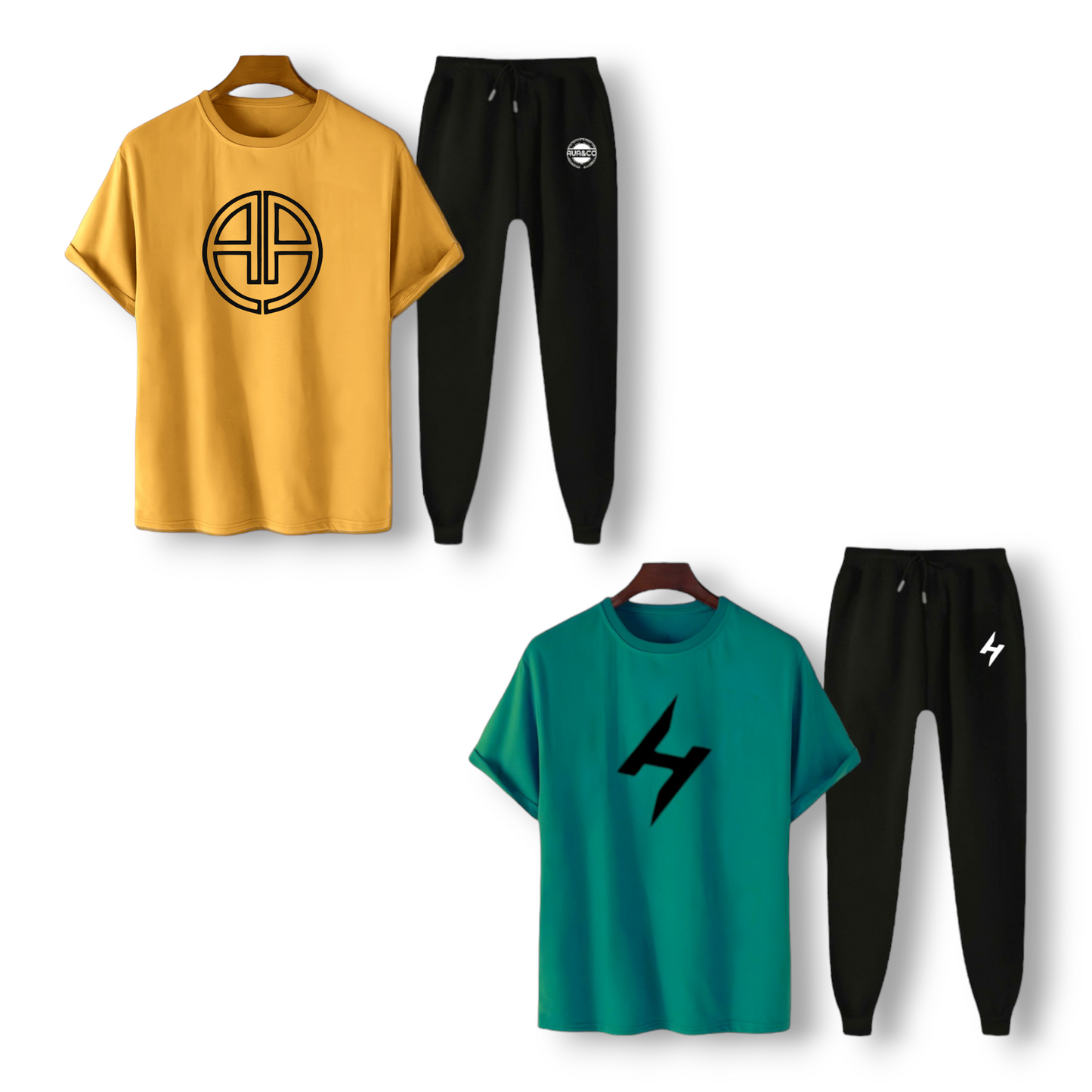 Get now a big sale from AUA&CO in bundle of 2 men's T Shirt In yellow and dark see green color with black Trousers in summer stuff jersey cool and comfortable all size are available 