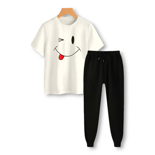 Women's white smiley printed t shirt with black Trouser available in summer stuff jersey cool and comfortable by AUA&CO