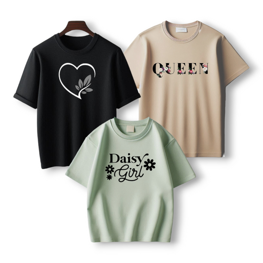 "Pack of 3 Women's Summer Half Sleeve T-shirts by AUA&CO, featuring black, beige, and light green casual wear with heart, 'Queen', and 'Daisy Girl' logos."