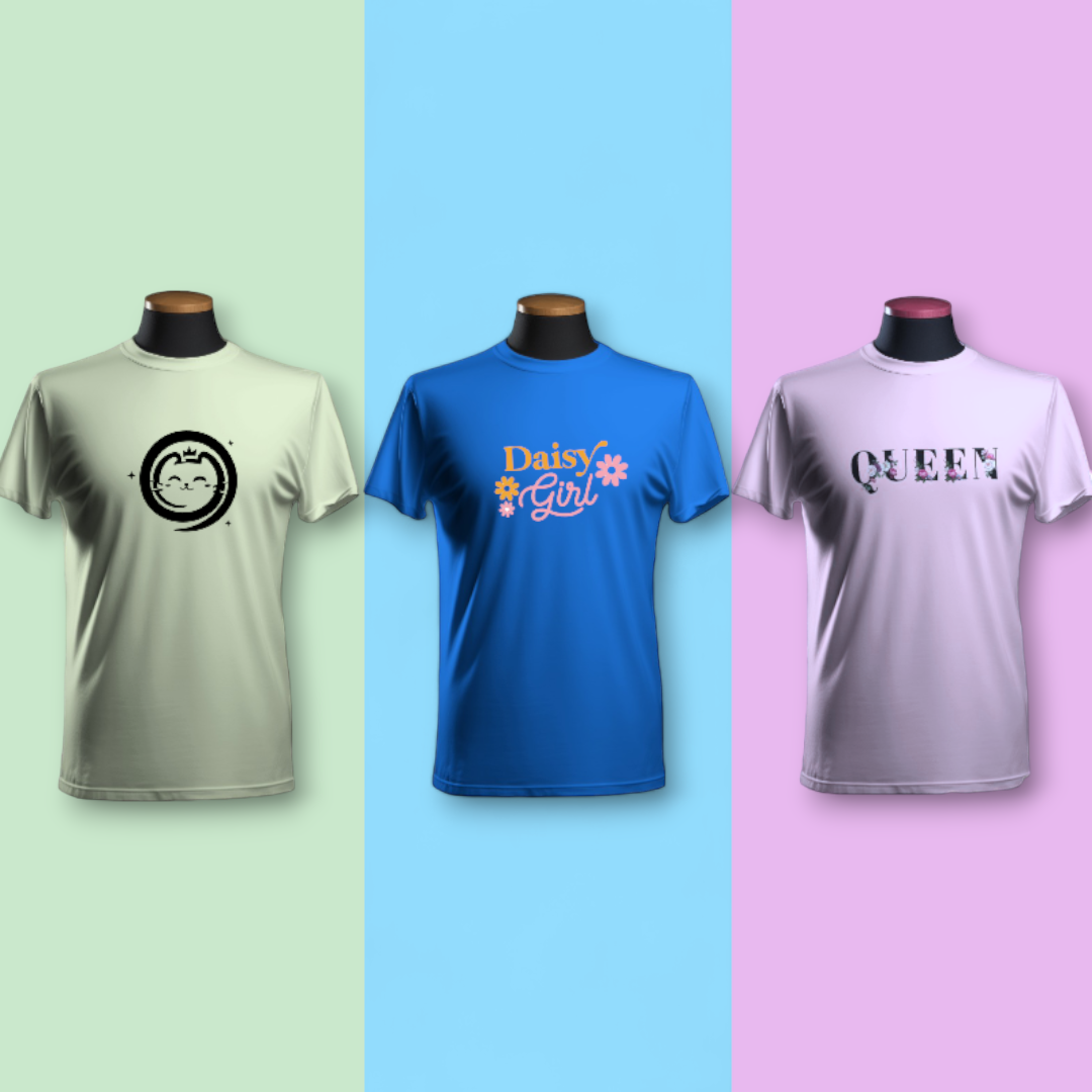 "Pack of 3 Women's Summer Half Sleeve T-shirts by AUA&CO, featuring light grey, blue, and light pink casual wear with 'Daisy Girl' and 'Queen' logos."