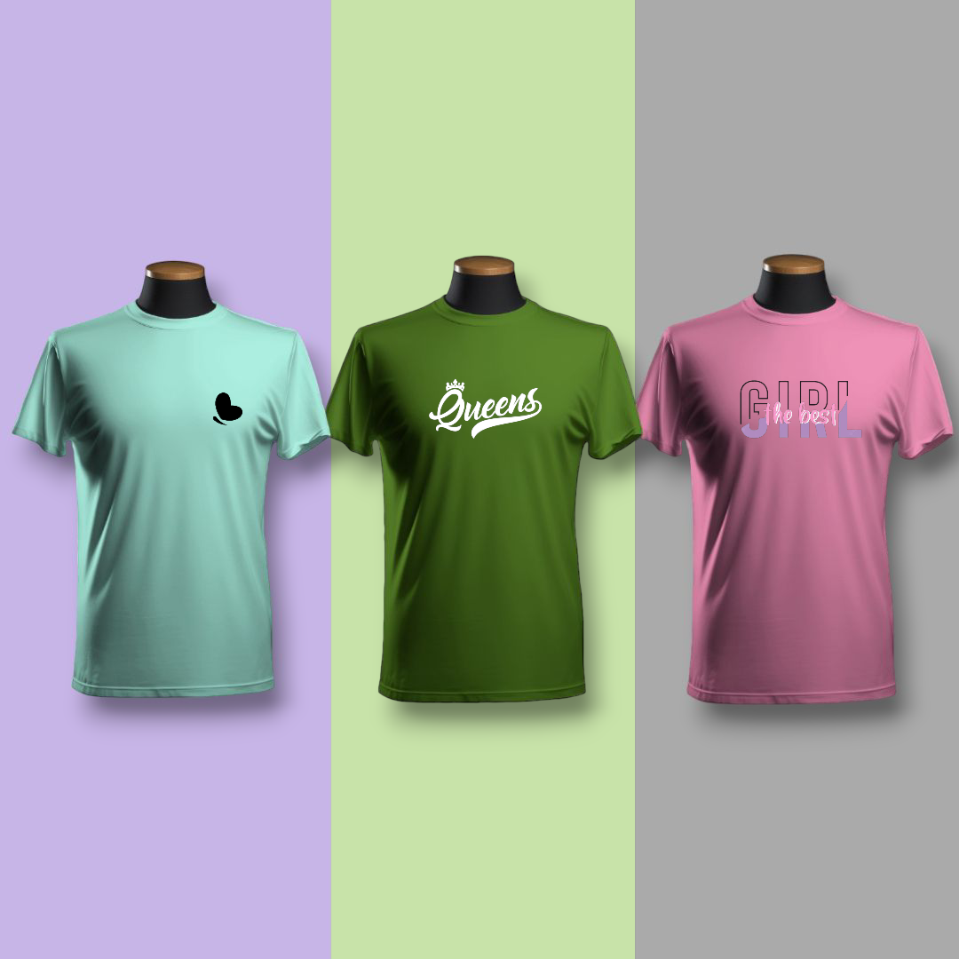 "Pack of 3 Women's Summer Half Sleeve T-shirts by AUA&CO, featuring light blue, green, and pink casual wear with 'Queens' and 'Girl the Best' logos."