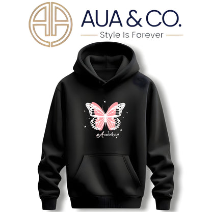 AUA&CO Women's Hoodies | Winter Fleece | Butterfly Print | Black