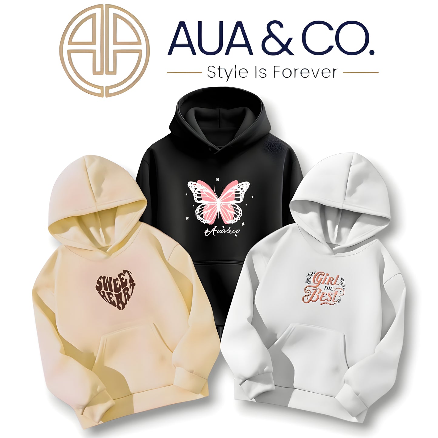 AUA&CO Women's Winter Hoodie Bundle (Set of 3) - Premium Fleece Casual Streetwear (Beige, Black, White)
