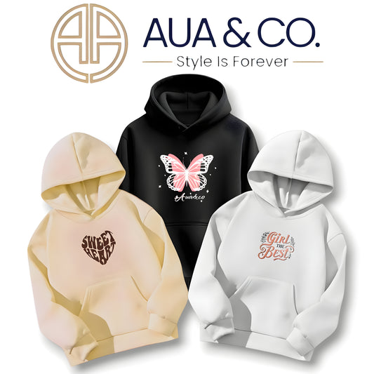 AUA&CO Women's Winter Hoodie Bundle (Set of 3) - Premium Fleece Casual Streetwear (Beige, Black, White)
