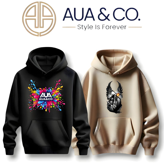 AUA&CO Men's Winter Hoodie Bundle | Black & Beige | Stylish Graphic Designs | High-Quality Fleece