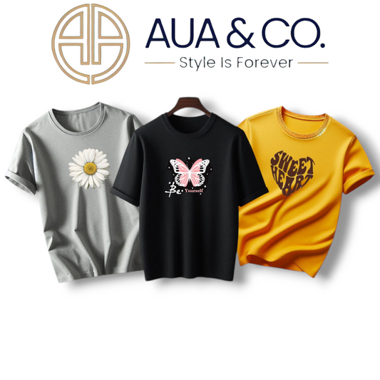 Aua&Co  Women Summer Bundle - 3 Half Sleeve Printed T-Shirts (Black, Gray, Mustard) - Unique & Stylish Designs