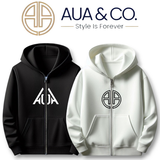 AUA&CO Winter Men's Black & White Zipper Printed Hoodie Premium Fleece Stuff