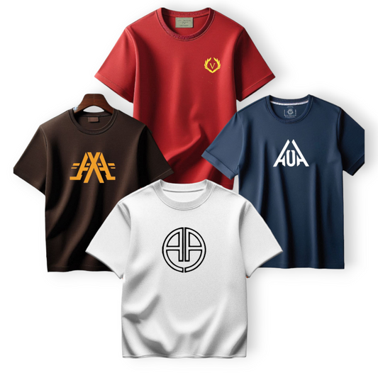 "Pack of 4 Men's Summer Half Sleeve T-shirts by AUA&CO, featuring red, navy blue, brown, and white casual wear with unique logos."